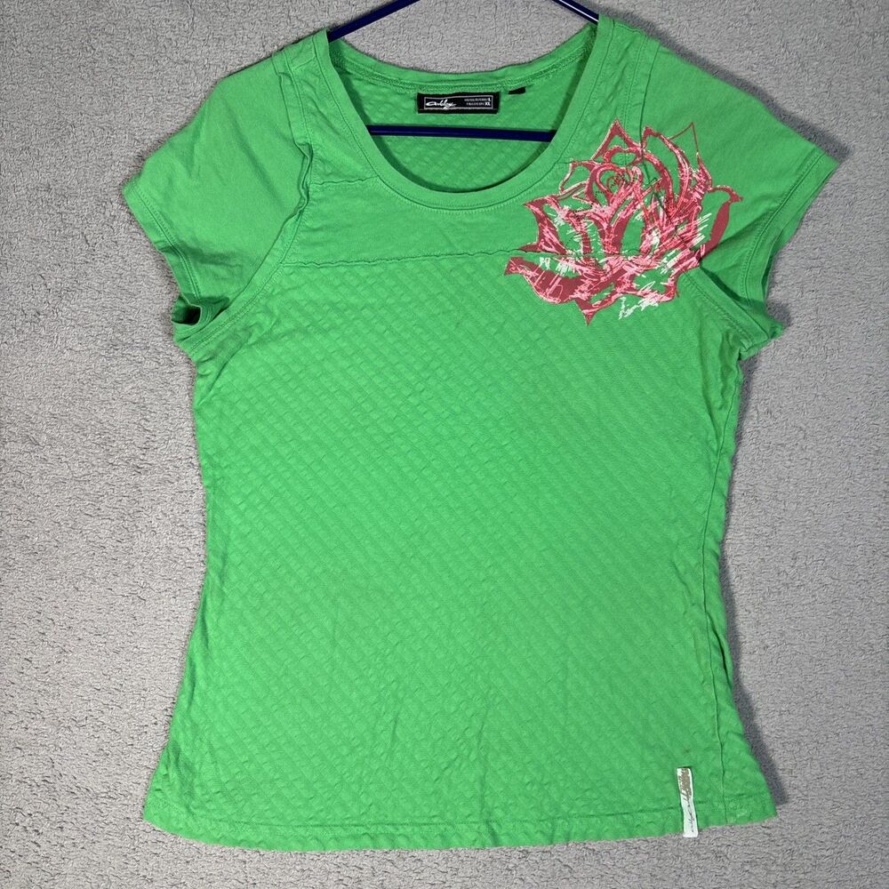 Vintage Oakley Top Women’s Size L Fits S Green Shirt Y2K‎ 00s Style Rose Graphic